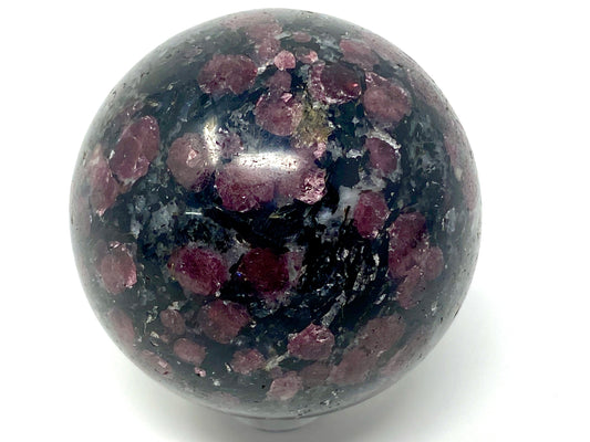 Black Tourmaline Crystal Sphere With Circular Red Garnet Crystal Inclusions