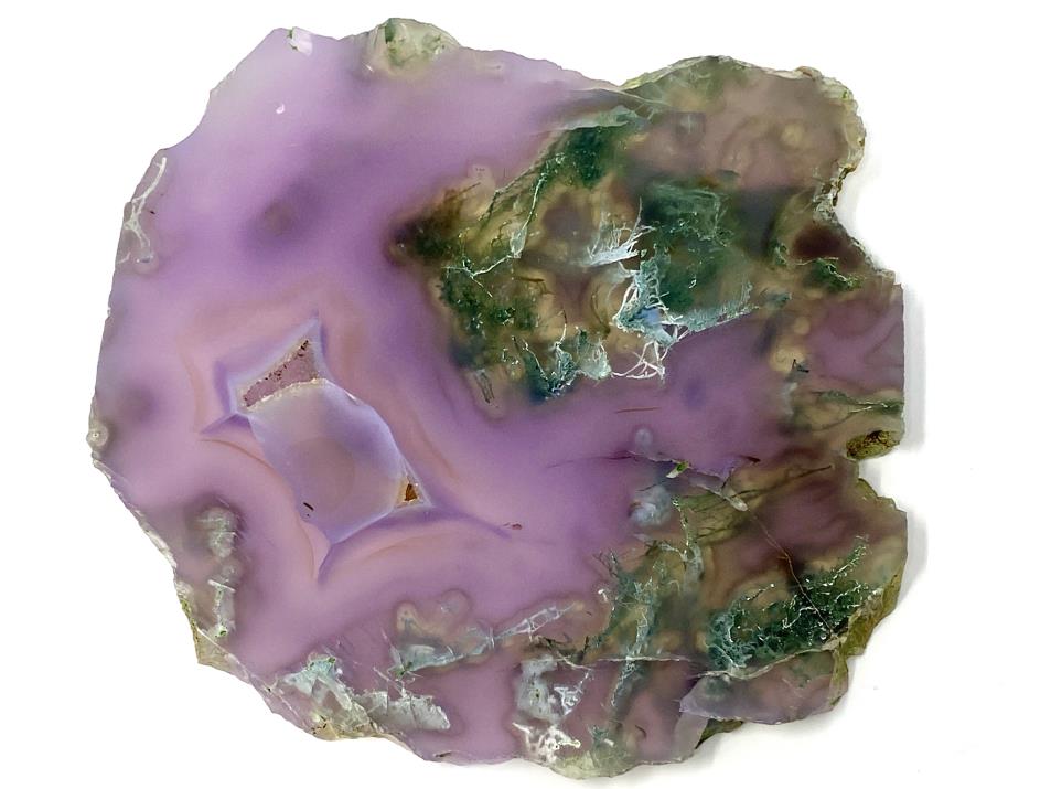 Purple moss agate slice with translucent purple chalcedony and green dendritic tree agate patterns