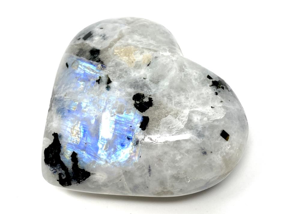 White Rainbow Moonstone heart shaped crystal with blue flash and Black Tourmaline inclusions