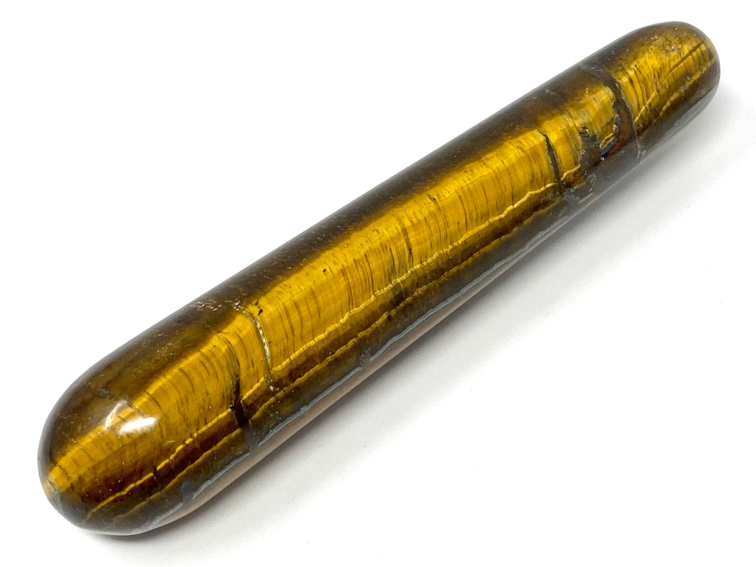 Flashy Gold Tiger's Eye Crystal Wand In Massage Wand Shape With Two Rounded Ends And With Chatoyant Cat's Eye Effect And Gold Stripes