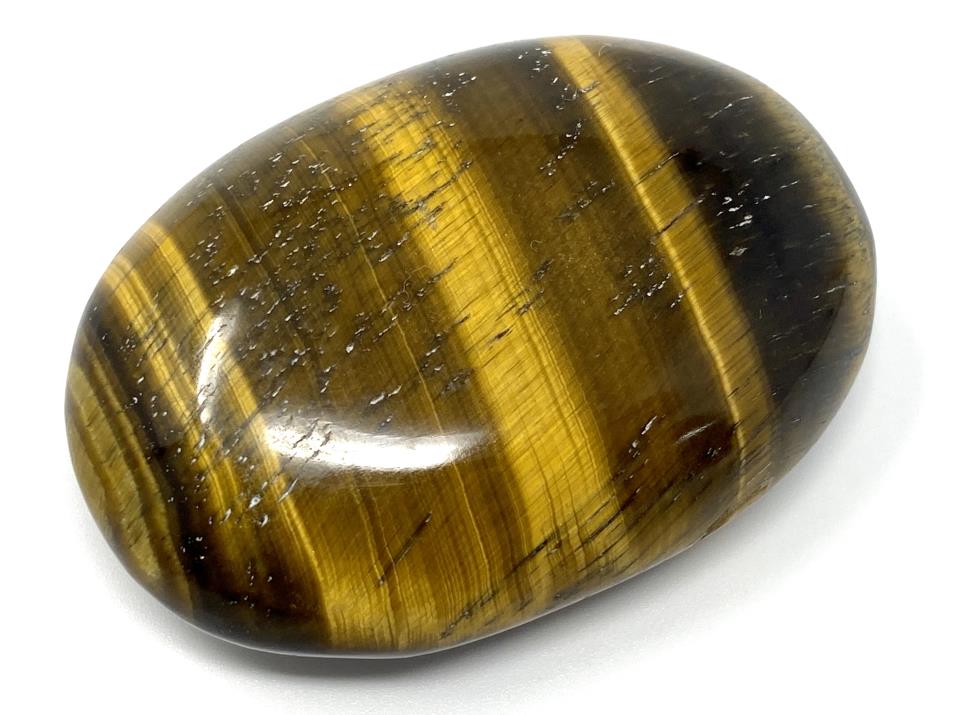 Flashy Gold Tiger's Eye Palm Stone Crystal In Oval Pebble Shape With Chatoyant Cat's Eye Effect And Gold Stripes