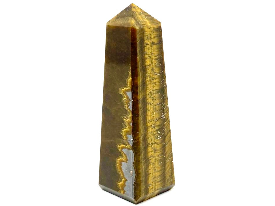 Flashy Gold Tiger's Eye Crystal Tower Or Free-Standing Obelisk Shape With Chatoyant Cat's Eye Effect And Gold Stripes