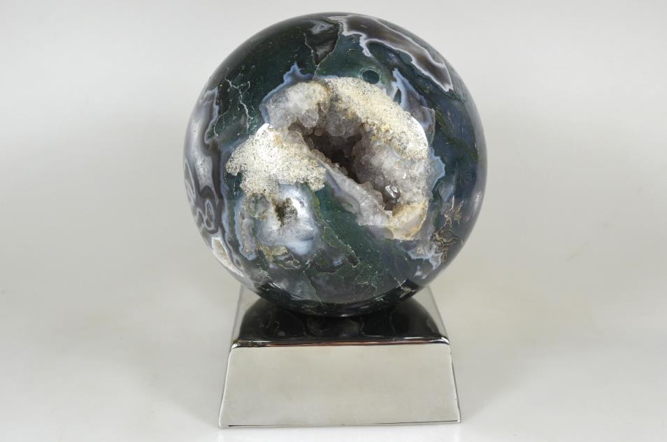 Mounted Druzy Moss Agate Crystal Sphere Large 12.5cm