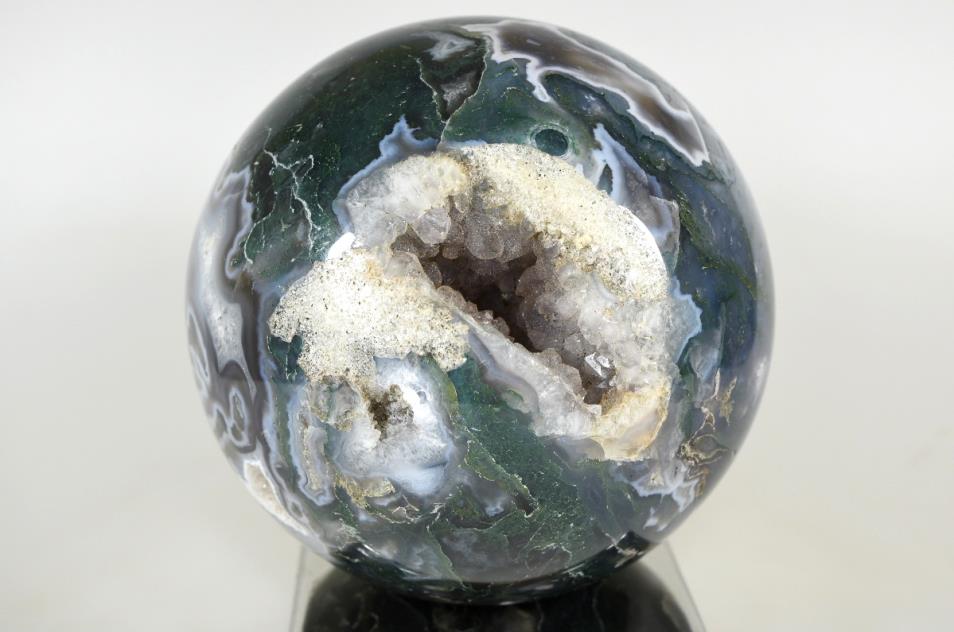 Mounted Druzy Moss Agate Crystal Sphere Large 12.5cm