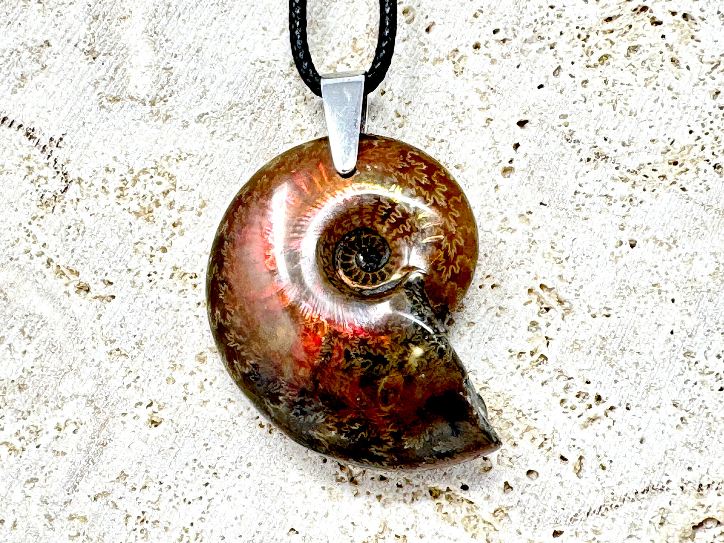 Red Iridescent Ammonite Pendant 3.5cm