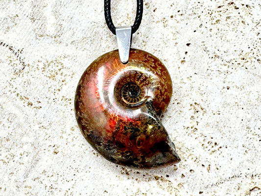 Red Iridescent Ammonite Pendant 3.5cm