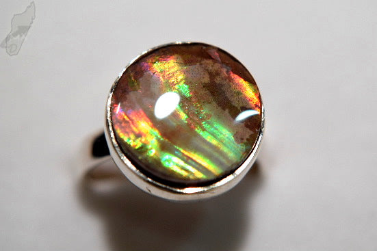 Iridescent Ammonite Cabochon Ring UK L